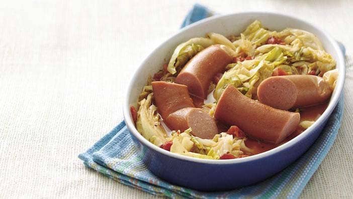 Baked cabbage and no-added-sugar sausages