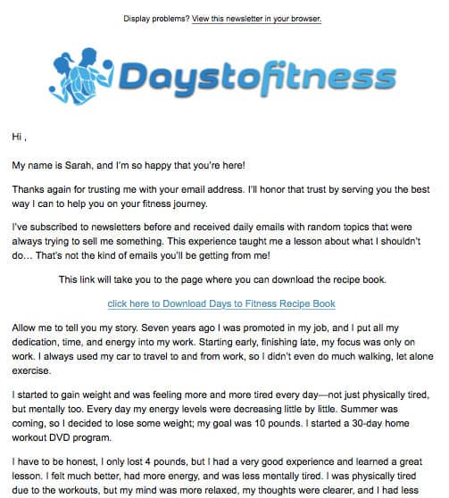days to fitness recipe book welcome email